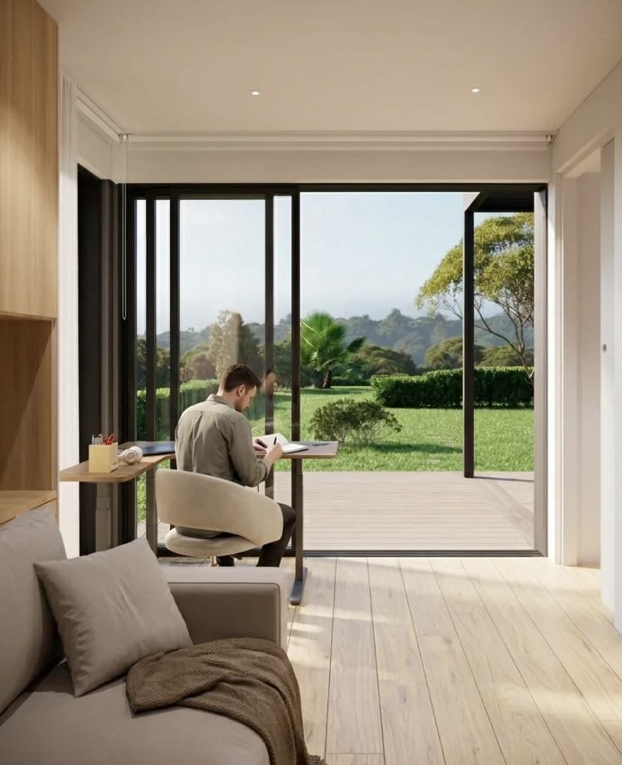 Create mode · desk by the bifold doors, garden view