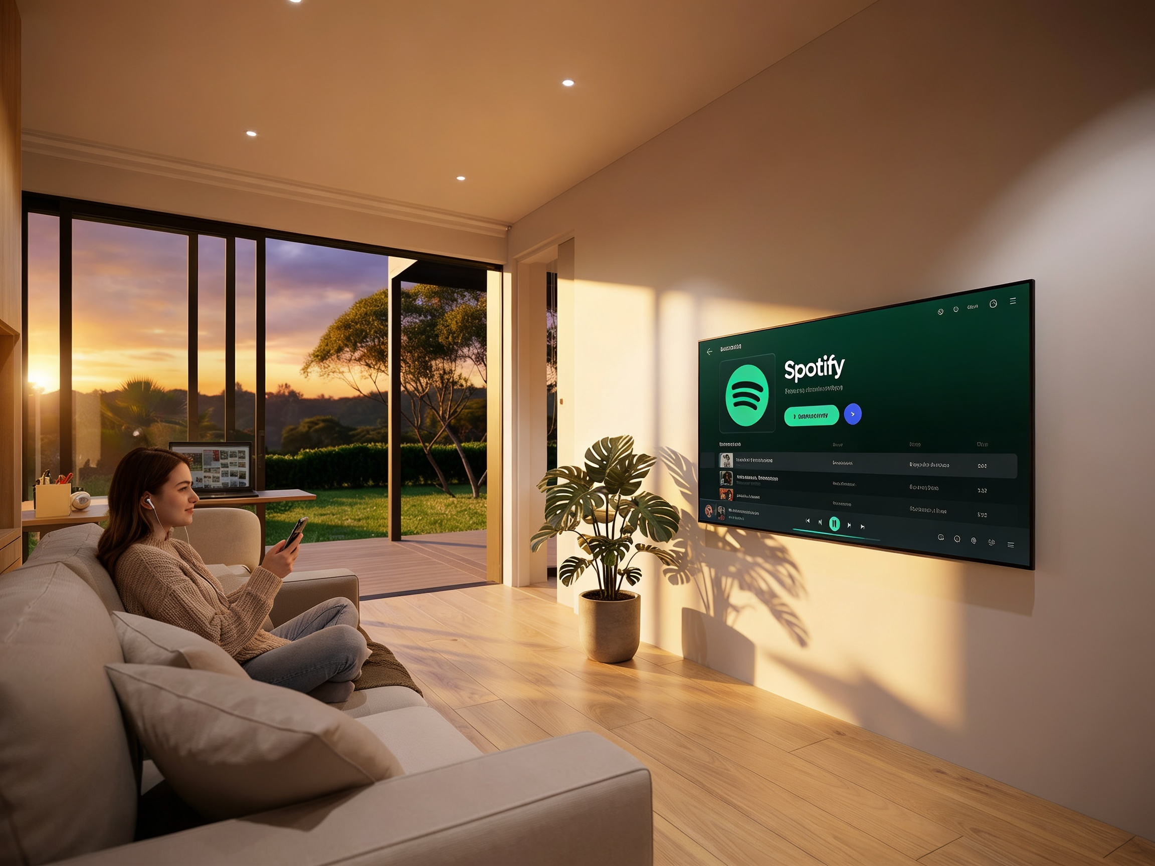 Lounge mode · sofa, Spotify on screen, sunset