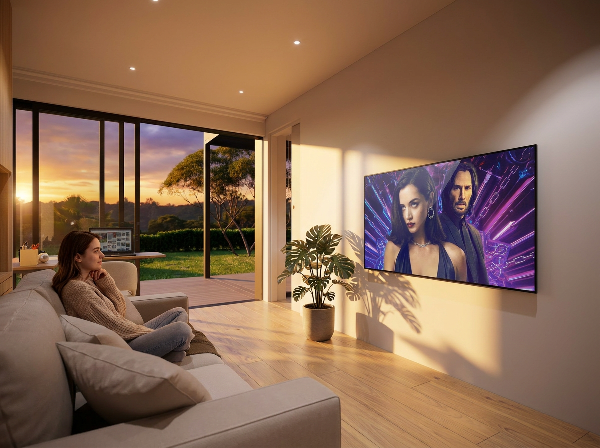 Lounge mode · sofa, sunset, big screen